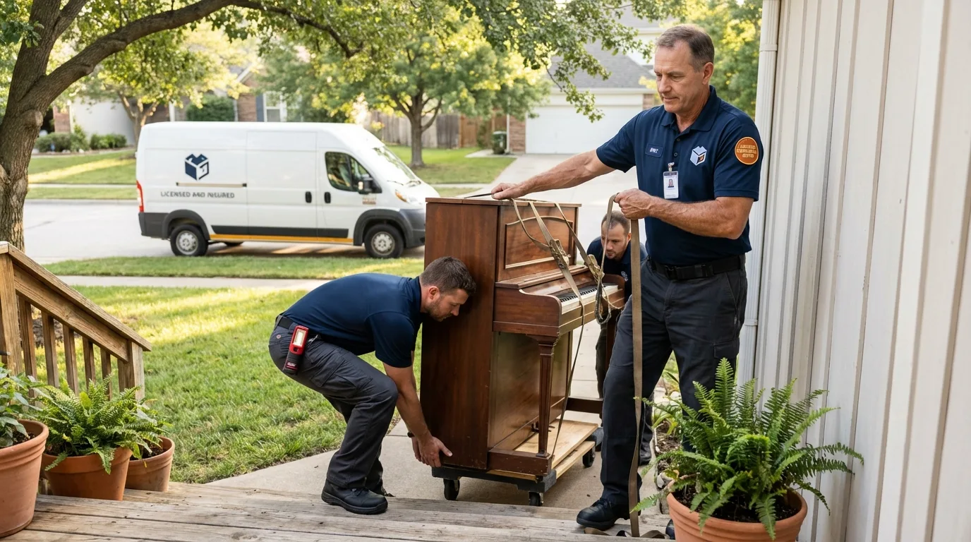 Licensed piano movers securing grand piano in Lewisville, NC