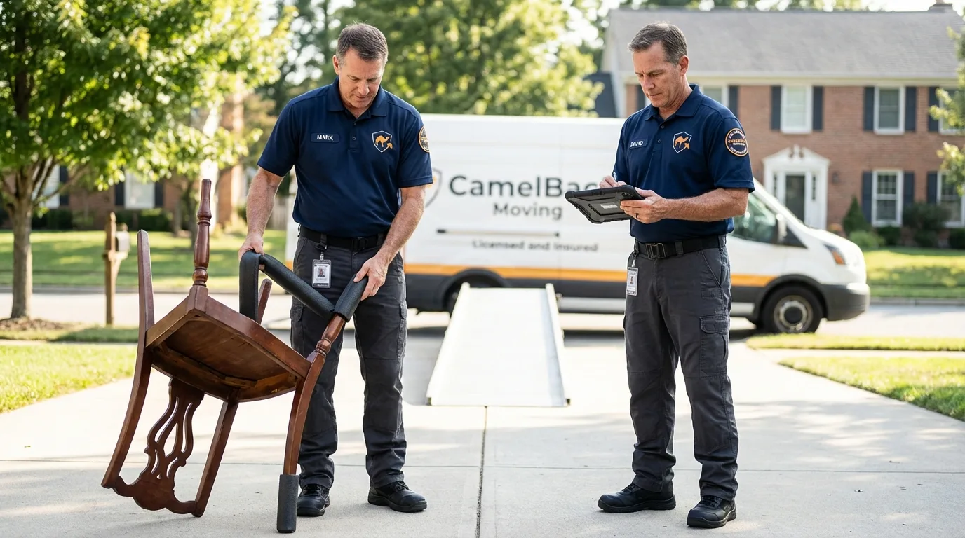Movers inspecting furniture for damage prevention before loading in Lewisville, NC