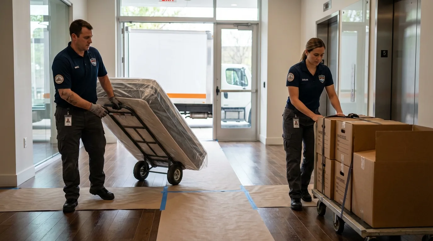 Professional apartment movers loading elevator in Lewisville, NC