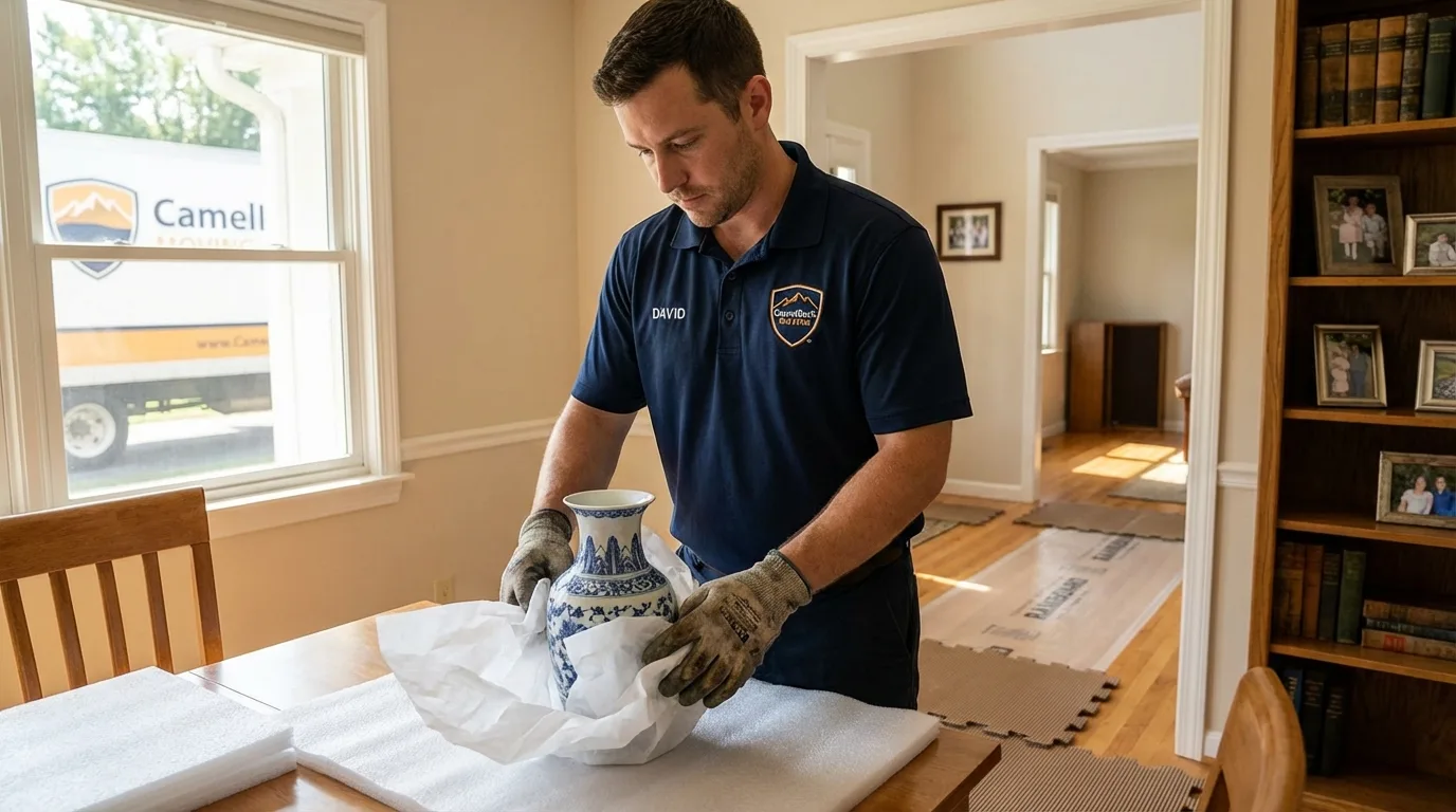 Professional crew carefully wrapping antique vase for senior downsizing move in Lewisville, NC
